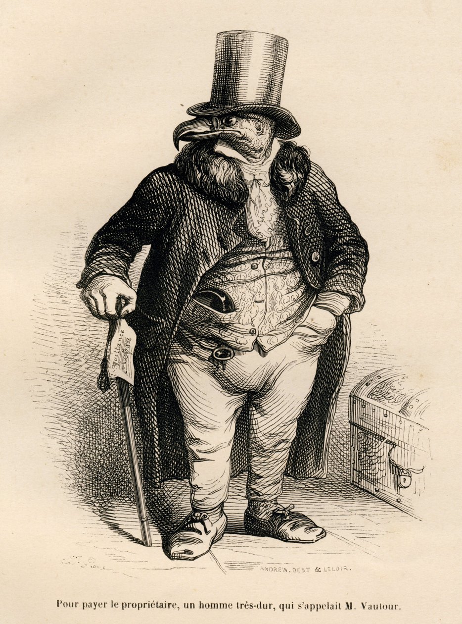 Sup jako vlastník nemovitosti. Miniatury ilustroval JJ Granville. Rytina podepsaná Andrewem, Bestem a Leloirem v části "Historie zajíce", kterou napsal PJ Stahl ve "Scénách ze soukromého a veřejného života zvířat". Paris, J. Hetzel a Paulin od Grandville