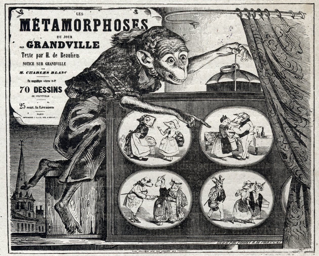 Literatura. The Daily Metamorphosis od karikaturisty Jean Jacques Grandville. Plakát, Francie od Grandville
