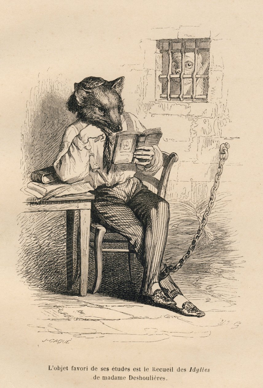 Vlk čte ve vězení. Miniatury ilustroval JJ Granville. Rytina signovaná Caque v části nazvané "Criminal Court of Animal Justice", kterou napsal Emile de La Bedolliere ve "Scénách ze soukromého a veřejného života zvířat". Paris, J. Hetzel od Grandville