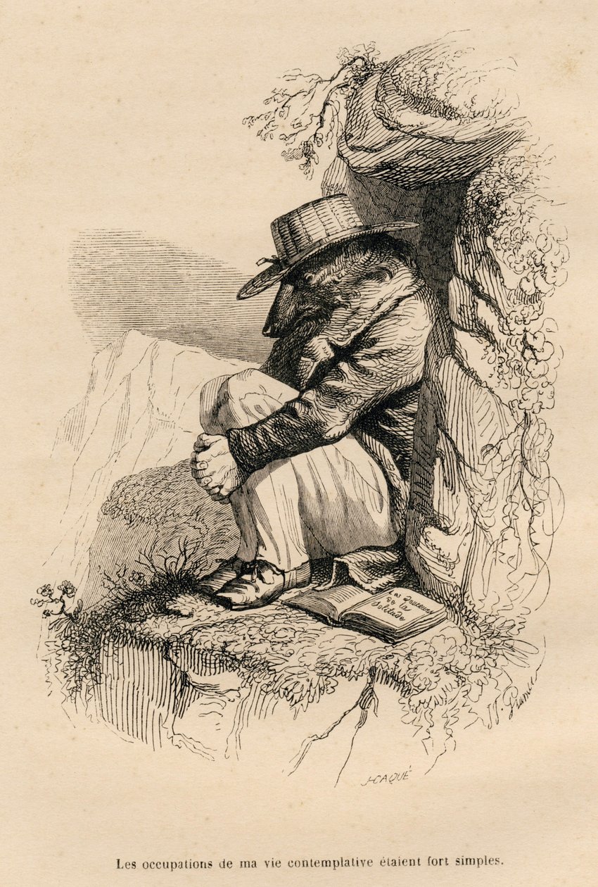 Loup zakořeněný ve své kontemplativní samotě. Miniatury ilustroval JJ Granville. Rytina signovaná Caque v části nazvané „Medvěd aneb Dopis psaný z hory“ L. Baude v „Scénách ze soukromého a veřejného života zvířat“. Paříž, J. od Grandville