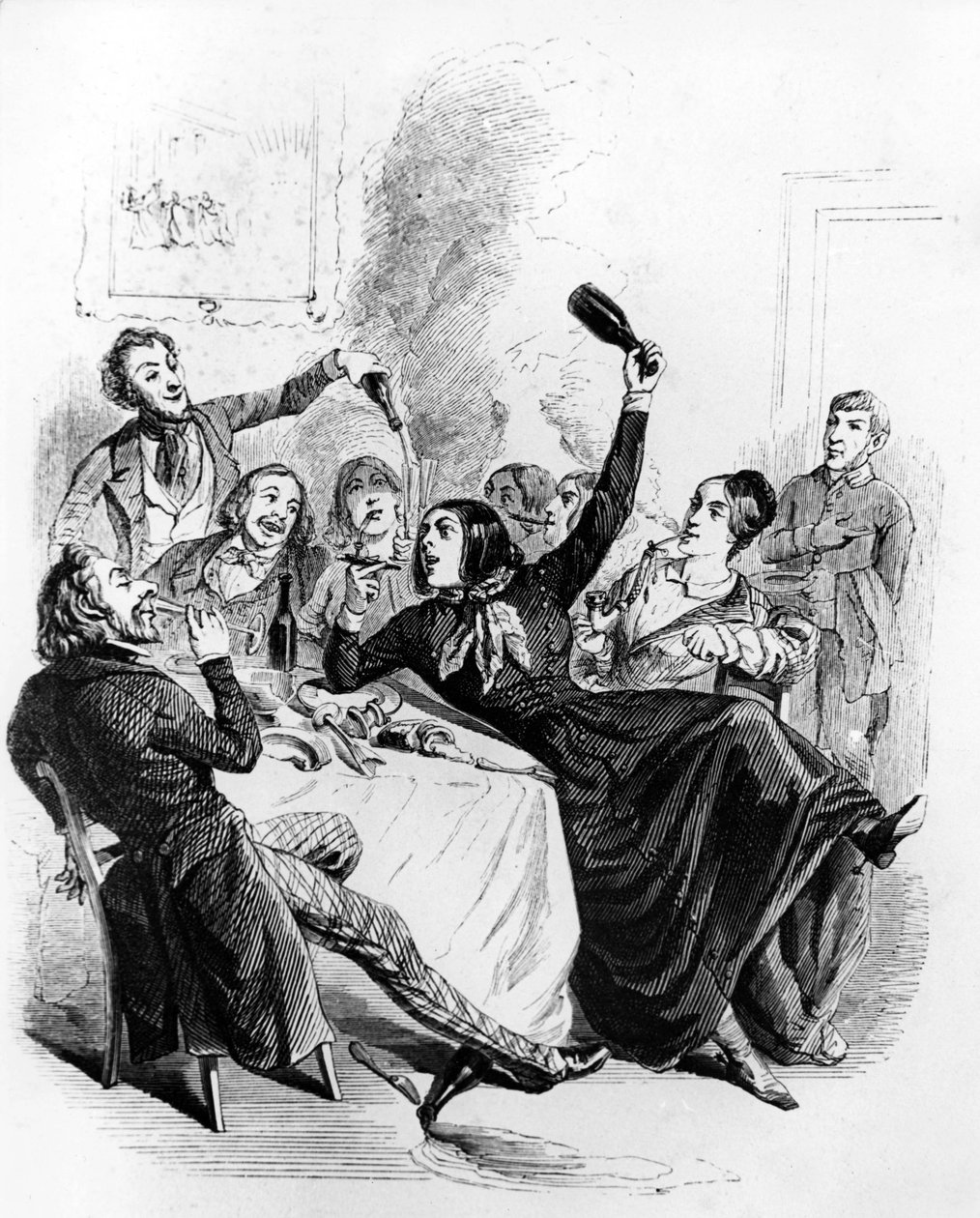Oběd chlapců obou pohlaví : muži a ženy pijí alkohol a kouří, kresba Jean Ignace Isidore alias JJ Grandville od Grandville (1803 47)