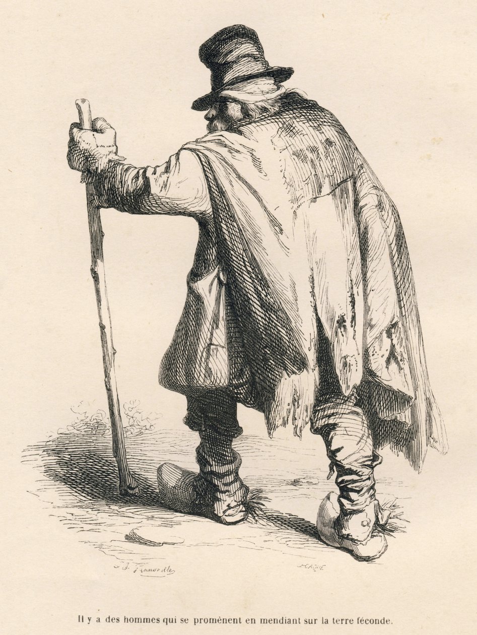 Žebrák. Miniatury ilustroval JJ Granville. Rytina signovaná Caque v části "Příběh zajíce" od PJ Stahla ve "Scénách ze soukromého a veřejného života zvířat". Paris, J. Hetzel a Paulin od Grandville