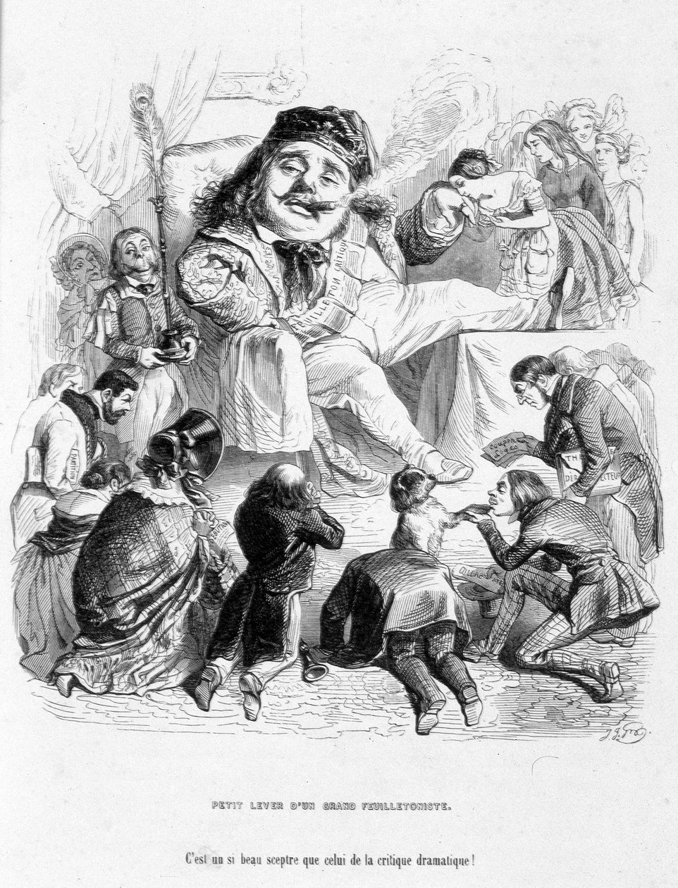 Výsměch moci dramatického kritika. Karikatura v knize "Jérôme Paturot hledá společenské postavení" od Louise Reybauda od Grandville
