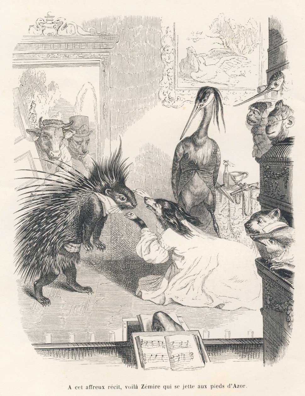 Opera s dikobrazem, psem a volavkou na jevišti. Viněty ilustroval JJ Granville. Rytina podepsaná Godardem v části nazvané "Le premier feuilleton de Pistolet", kterou napsal Jules Janin v knize "Scenes de la vie privee et publique des animaux". od Grandville