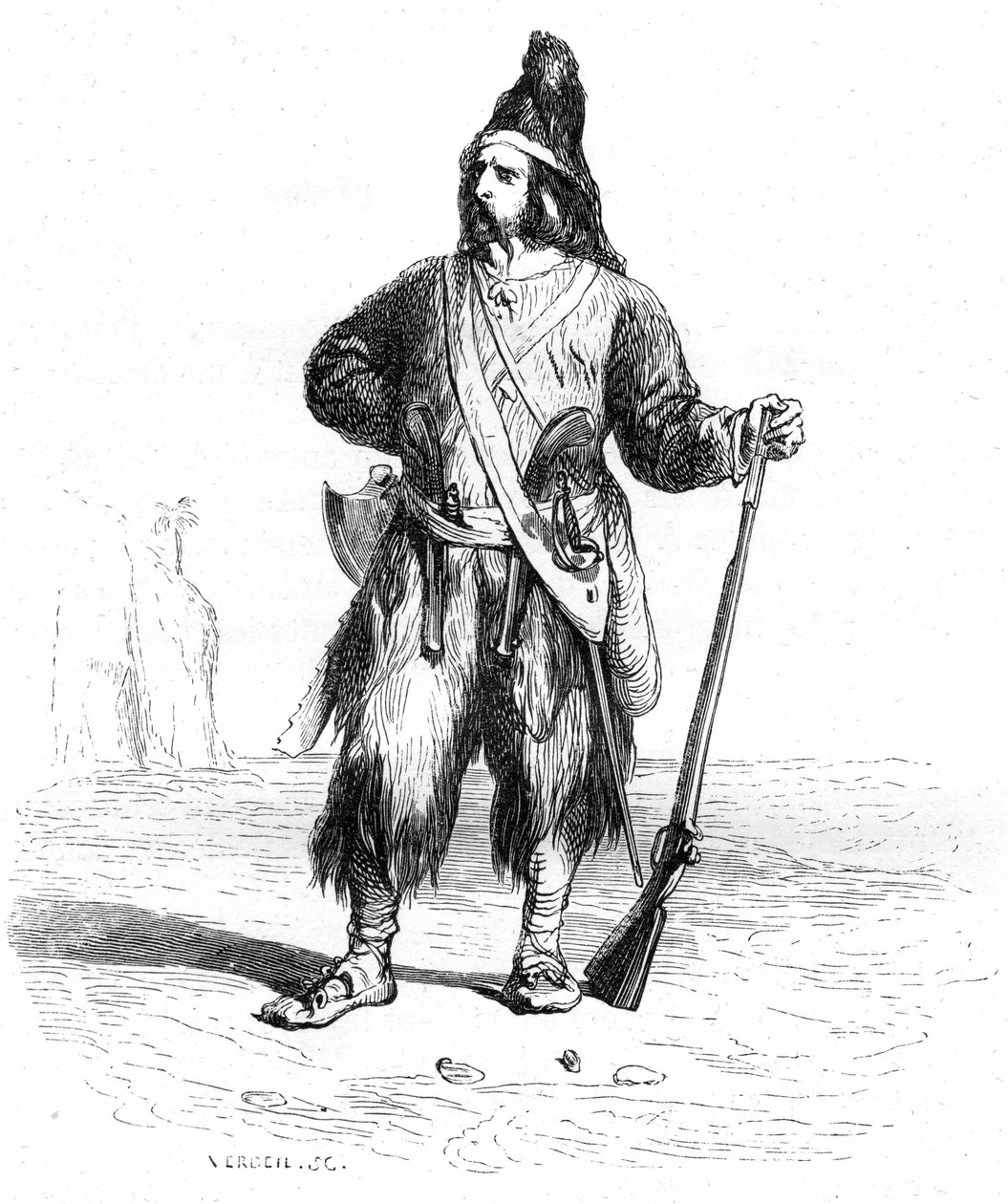 Portrét Robinsona Crusoe na opuštěném ostrově s puškou a různými zbraněmi u pasu - Grandvillova ilustrace románu Daniela Defoea (De Foe) - Garnierovo vydání 1869 s. 155. od Grandville (1803 47)