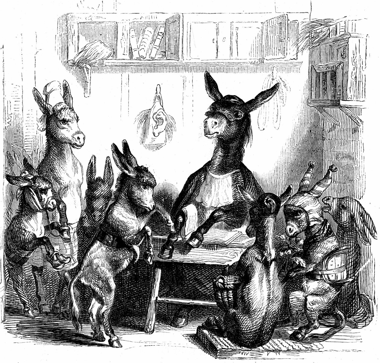 Scéna z knihy "Les animaux peints par eux-memes - Vie privee et publique des animaux", kterou napsal Balzac od Grandville (1803 47)