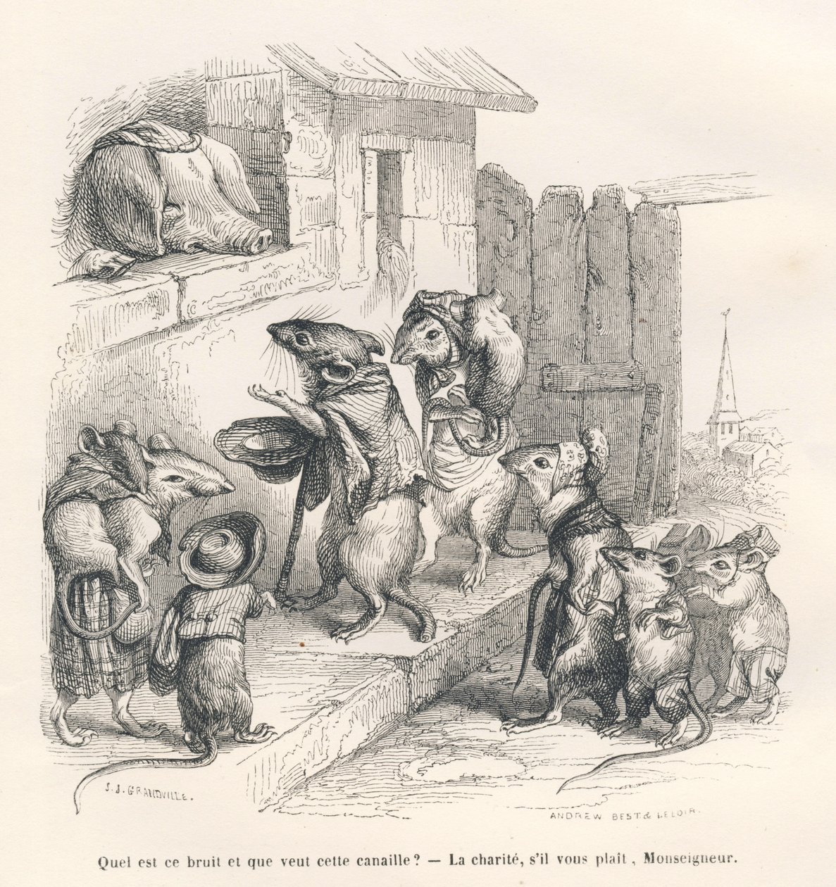 Myš dává milodary prasátku. Viněty ilustroval JJ Granville. Rytina podepsaná Andrew, Best a Leloir v části nazvané "Le rat philosophe", kterou napsal Edouard Lemoine v knize "Scenes de la vie privee et publique des animaux". Paris, J. Hetz od Grandville
