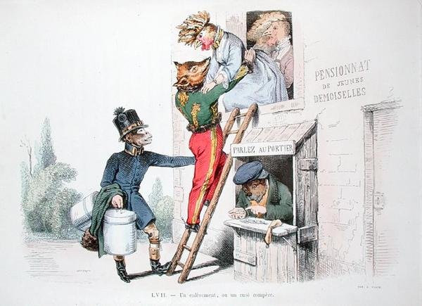 Únos aneb Mazaná lest, karikatura ze série "Les Metamorphoses du Jour", přetisk 1854 (kolorovaná rytina) od Grandville