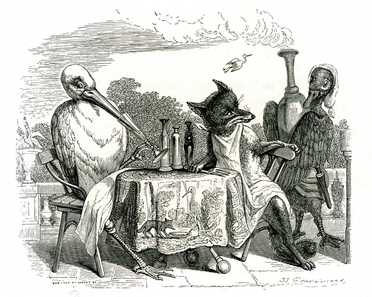 Liška a čáp, ilustrace z "La Fontainových bajek" (litografie) od Grandville