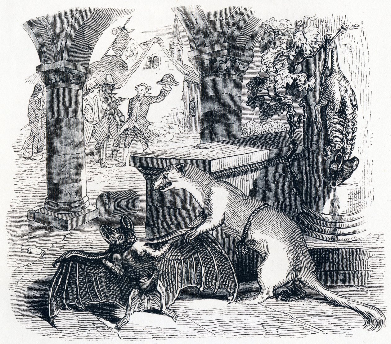 Netopýr a dvě lasičky - Bajky od La Fontaine od Grandville