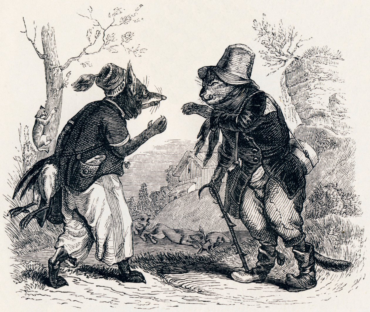 Kočka a liška (Le chat et le renard) - Bajky od La Fontaina od Grandville