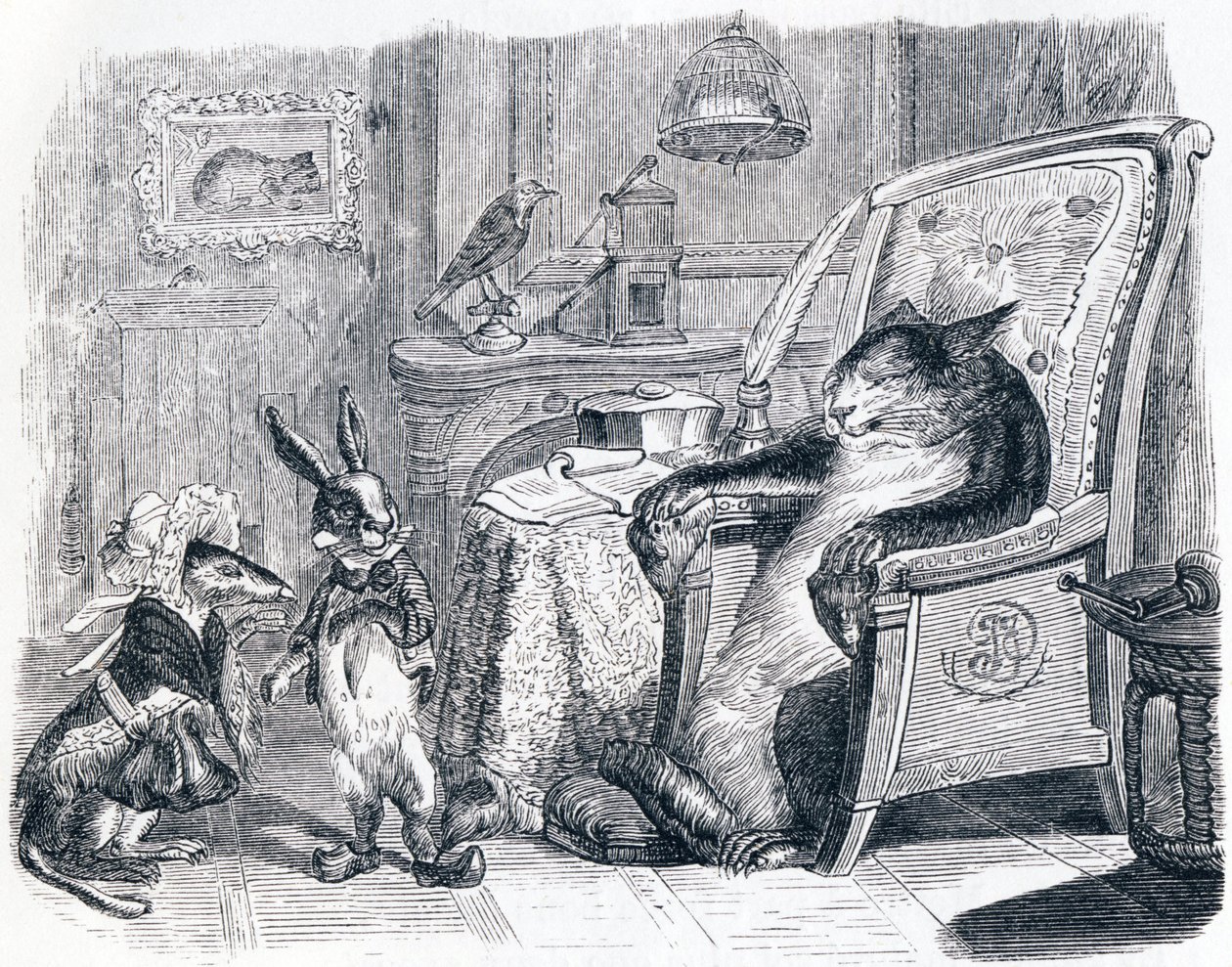 Kočka, lasička a malý králík (Le chat, la belette et le petit lapin) - Bajky od La Fontaine od Grandville