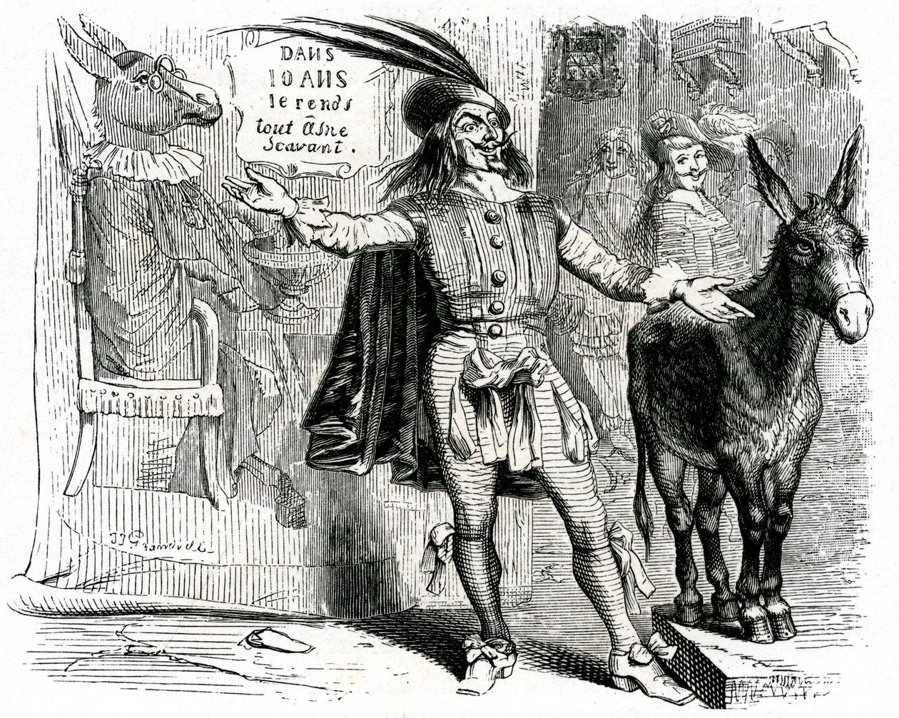 Šarlatán: La Fontainova pohádka s ilustracemi Grandvillea. Edition Garnier 1860. Tento šikovatel dělá potíže každému oslovi vědce. od Grandville (1803 47)
