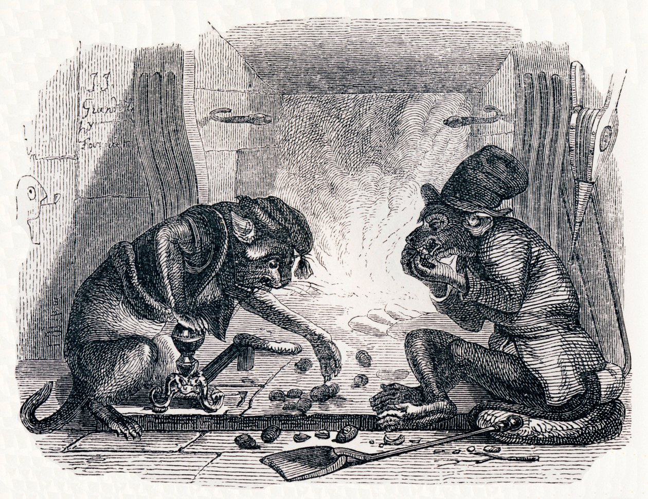 Osel a kočka (Le singe et le chat) - Bajky od La Fontaine od Grandville