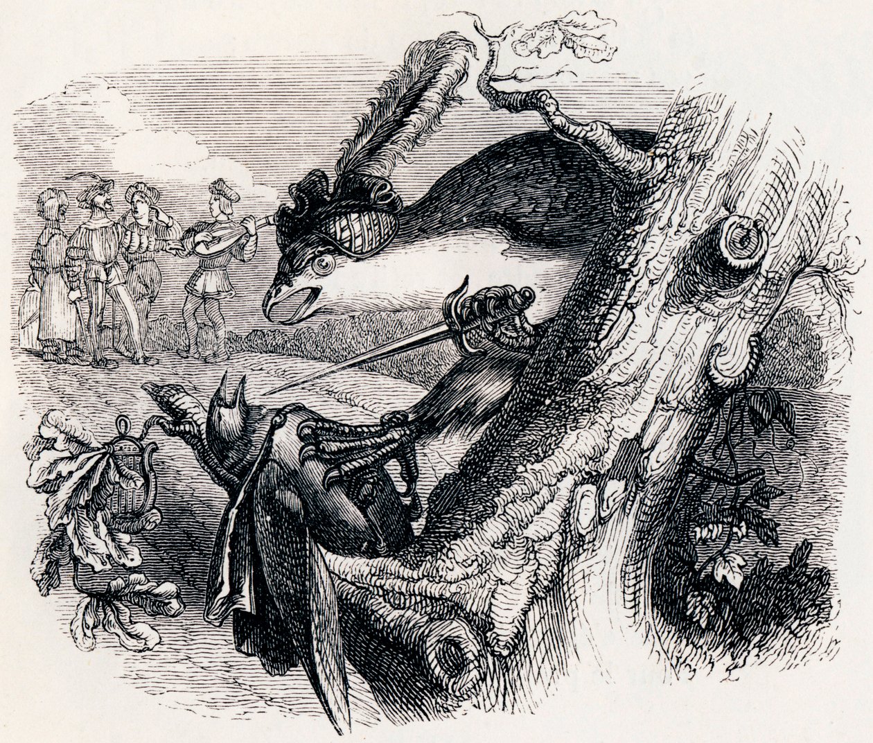 Drak a slavík (Le milan et le rossignol) - Bajky od La Fontaine od Grandville