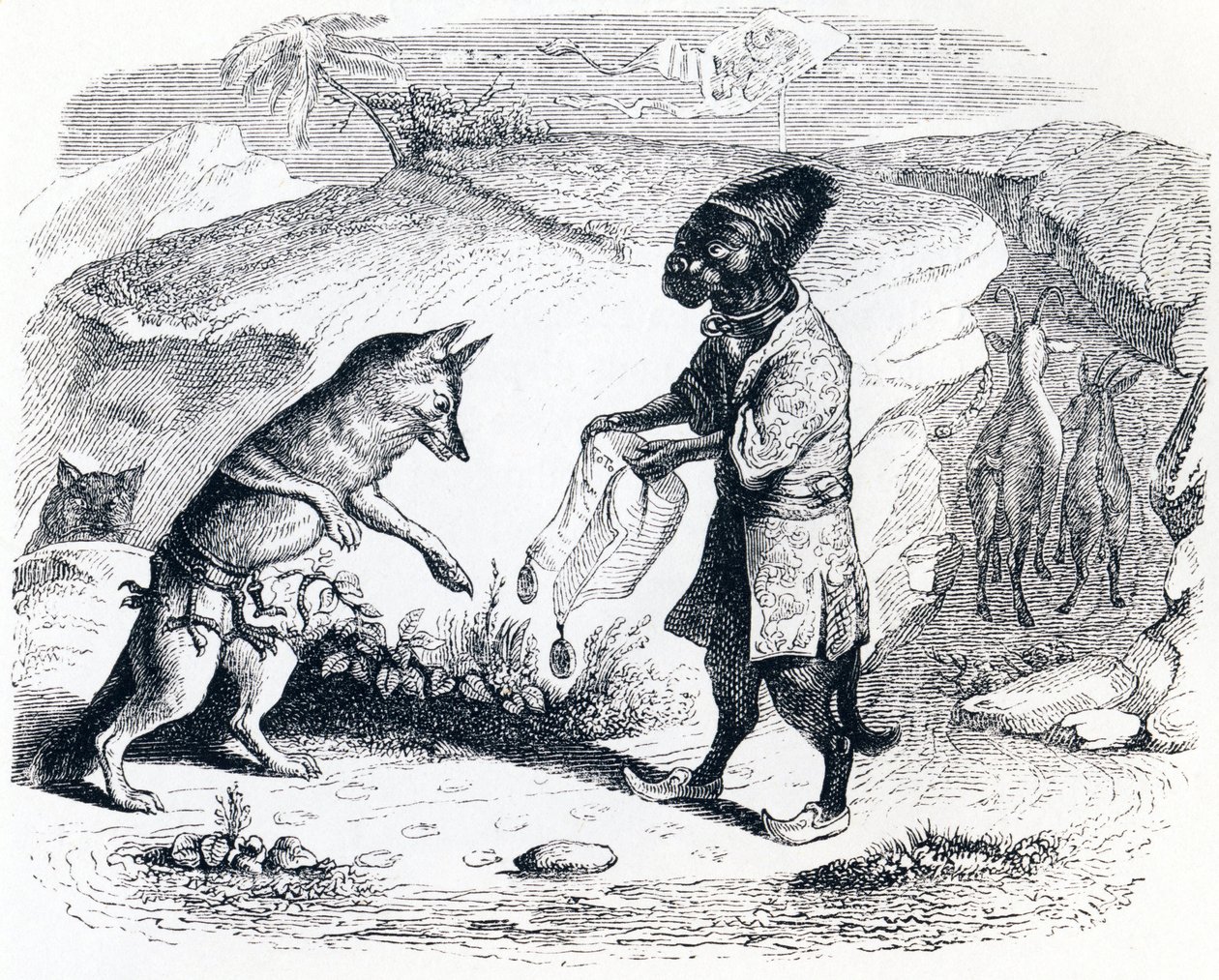 Nemocný lev a liška (Le lion malade et le renard) - Bajky od La Fontaine od Grandville