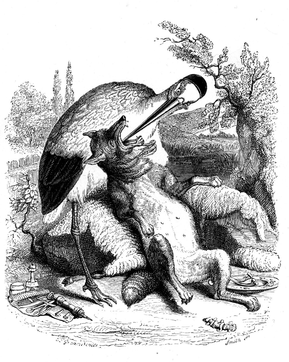 Vlk a čáp: La Fontainova pohádka ilustrovaná Grandvillem. Edition Garnier 1860. Čáp je vyobrazen jako lékař (špatná odměna za jeho devótnost!). od Grandville (1803 47)