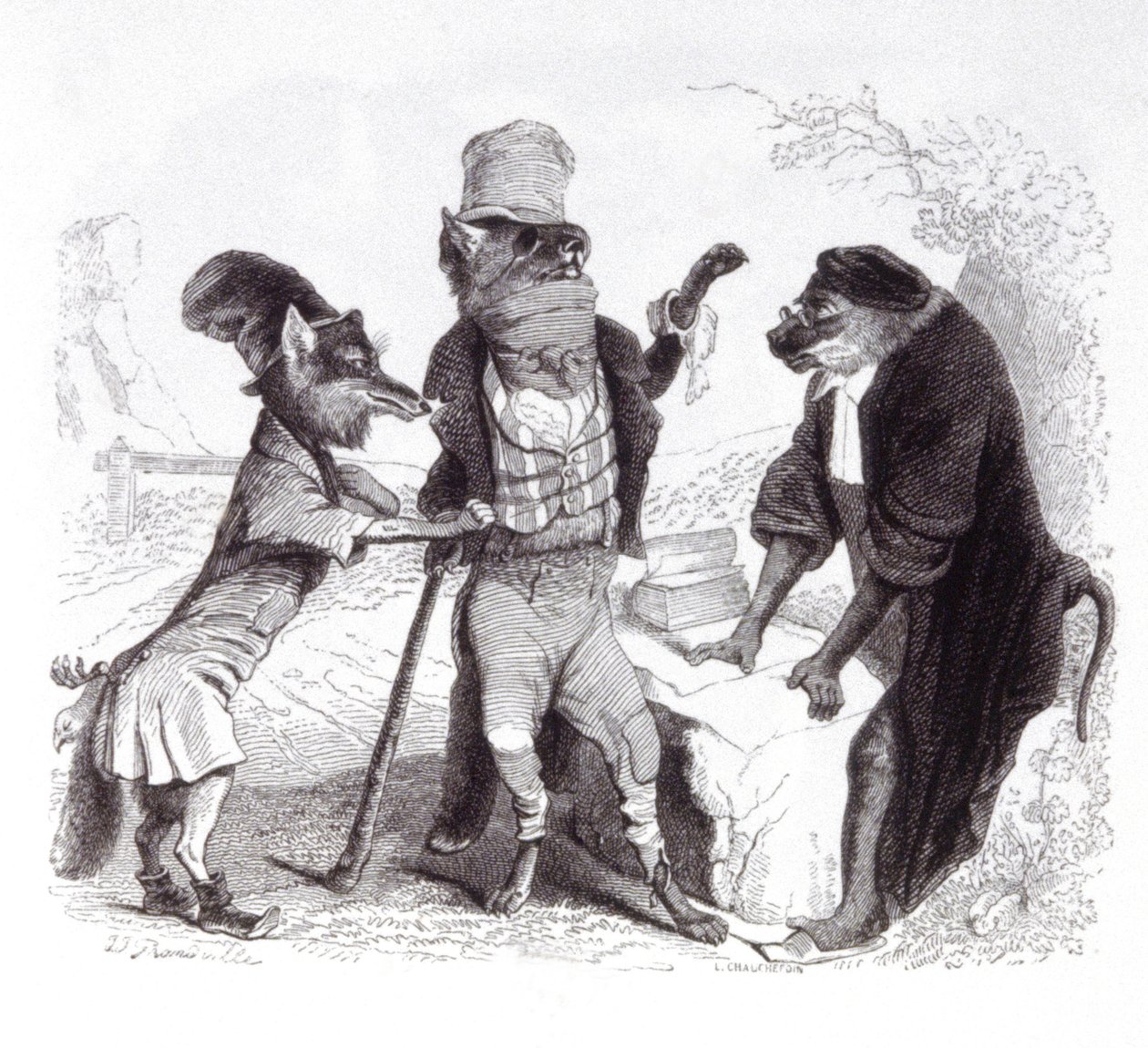 Vlk prosící proti lišce před opicí od Grandville (1803 47)