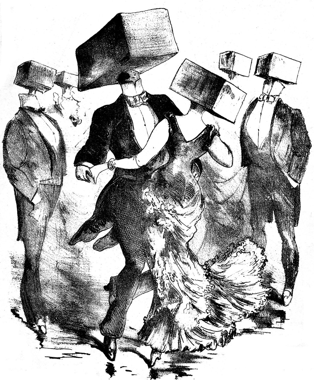 Nepodepsaná ilustrace k partituře skladby Emila Fischera "Polka des hamteaux", přelom 19. a 20. století - tato anonymní skladba evokuje jak invence předchůdce Grandvillea, tak budoucích surrealistů, např. od Grandville (1803 47)