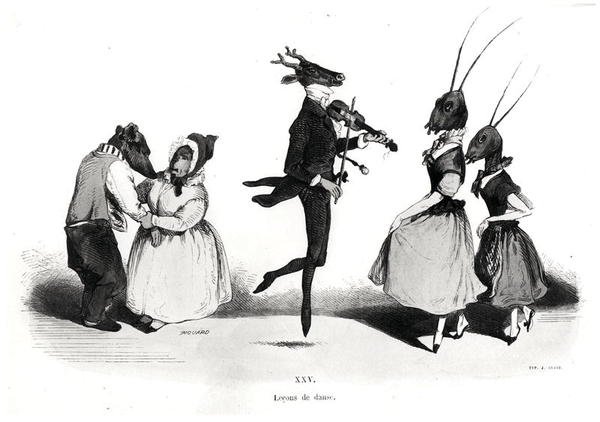 Pár psů ze série Les Metamorphoses du Jour od Grandville