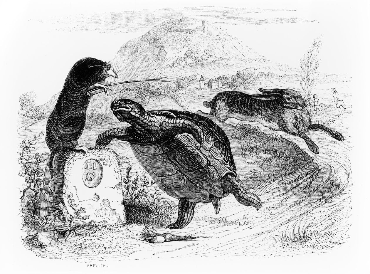 Zajíc a želva, ilustrace k La Fontainovým bajkám, vydal H. Fournier Aine, 1838. od Grandville