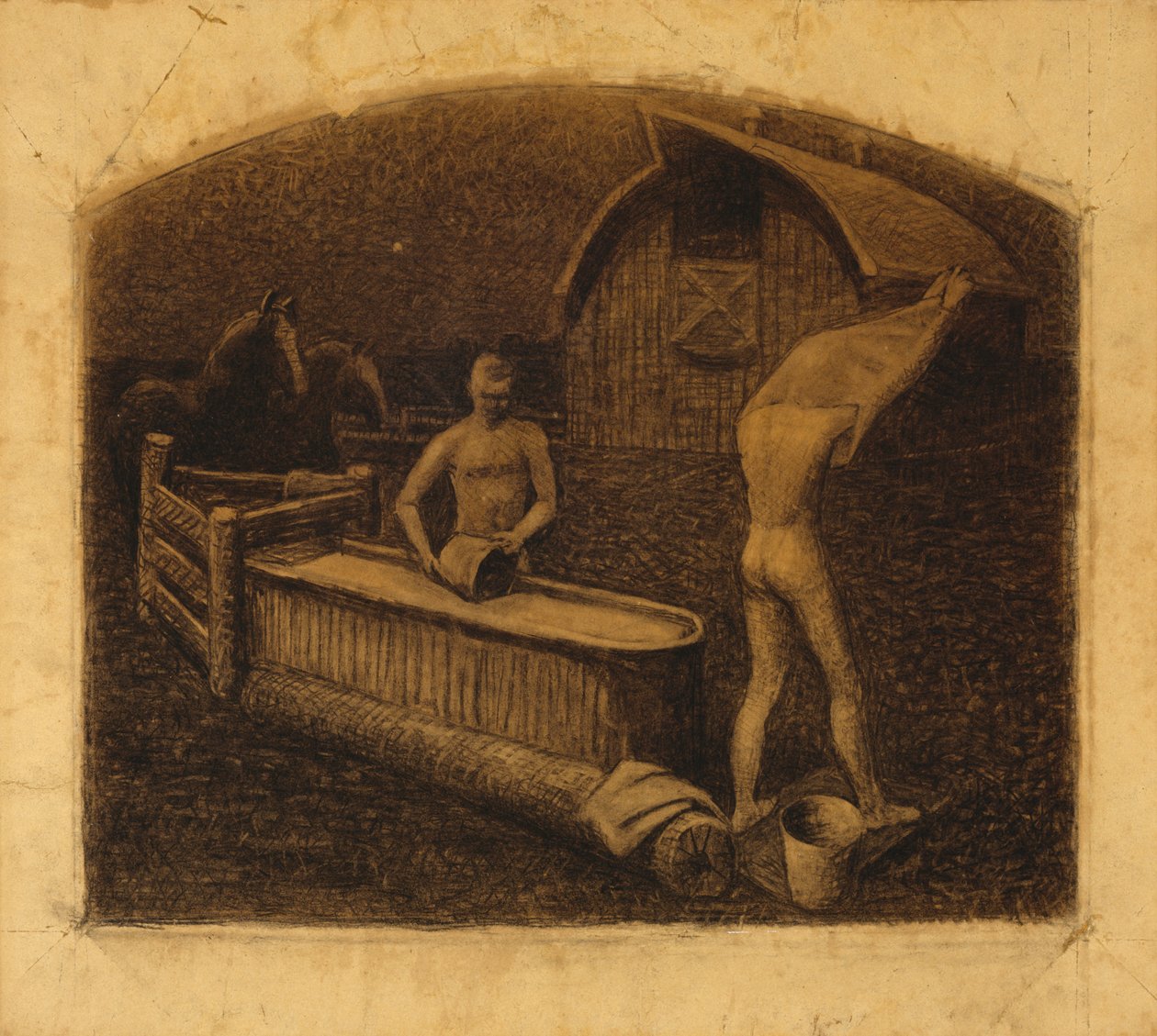 Sobotní noční koupel, 1937 (uhlí na papíře) od Grant Wood