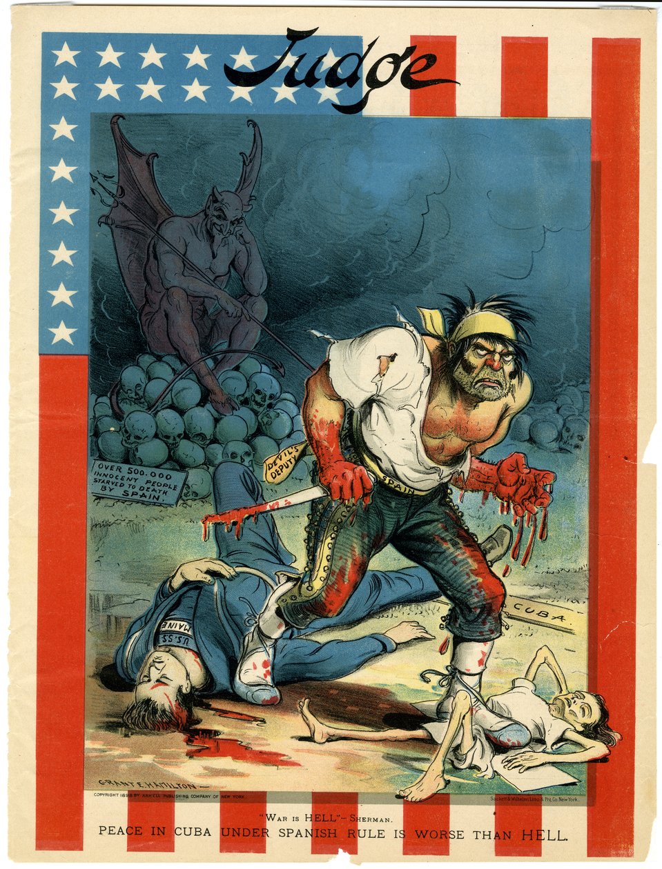 Válka je peklo - Sherman, Mír na Kubě pod španělskou nadvládou je horší než peklo, ilustrace z časopisu Judge, 30. dubna 1898. od Grant E. Hamilton