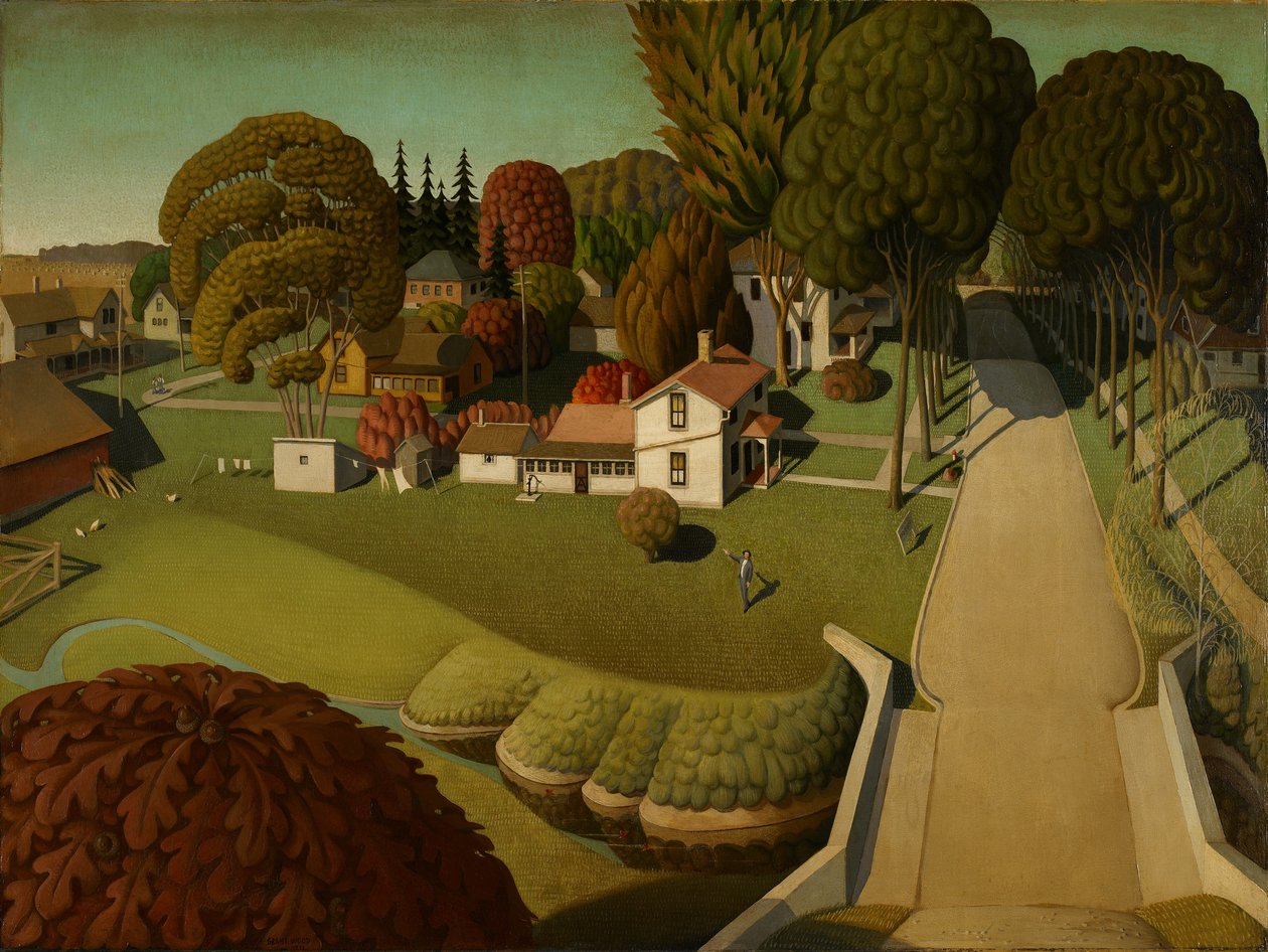 Místo narození Herberta Hoovera, West Branch, Iowa, 1931 (olej na masonitu) od Grant Wood
