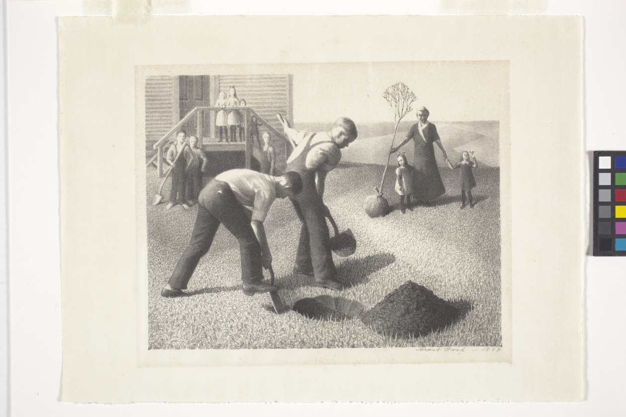 Skupina pro výsadbu stromů (litografie) od Grant Wood