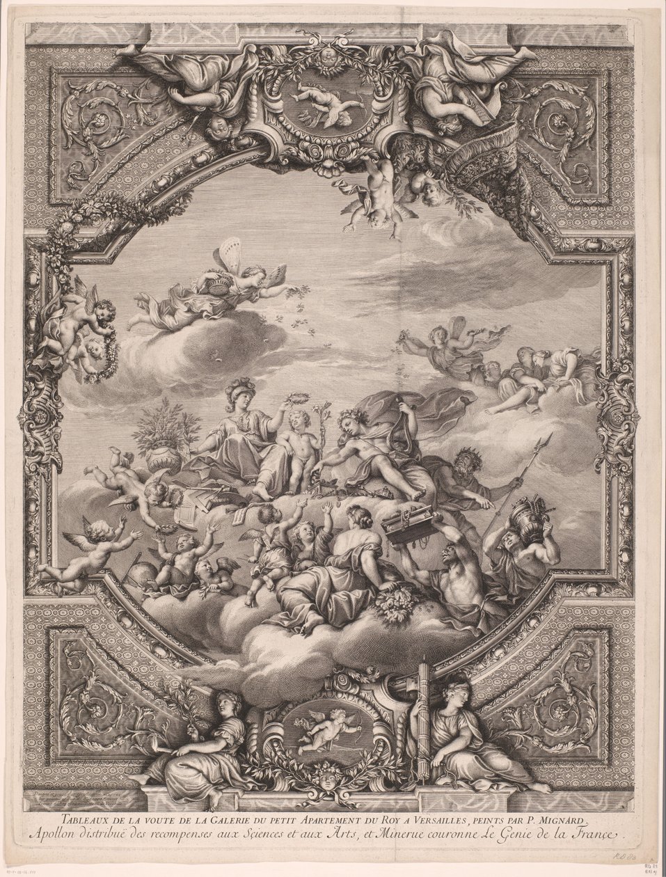 Apollo rozdává odměny a Minerva korunuje génia Francie Apollon distirbuë des recompenses aux Sciences et aux Arts, et Minerve couronne le Genie de la France (název na objektu) Stropní malby v paláci ve Versailles (název série) od Gérard Audran