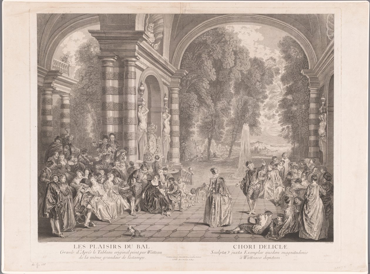 Elegantní společnost na terase s výhledem do parku Les Plaisirs du Bal (název na objektu) od Gérard Jean Baptiste Scotin (II)