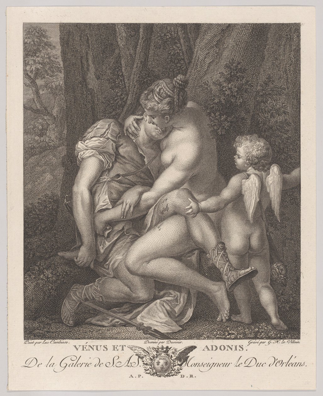 Venuše truchlící nad Adonisem, sedící pod stromem a objímající ho, s Cupidem vpravo, c..., ca. 1786. od Gérard René Le Vilain