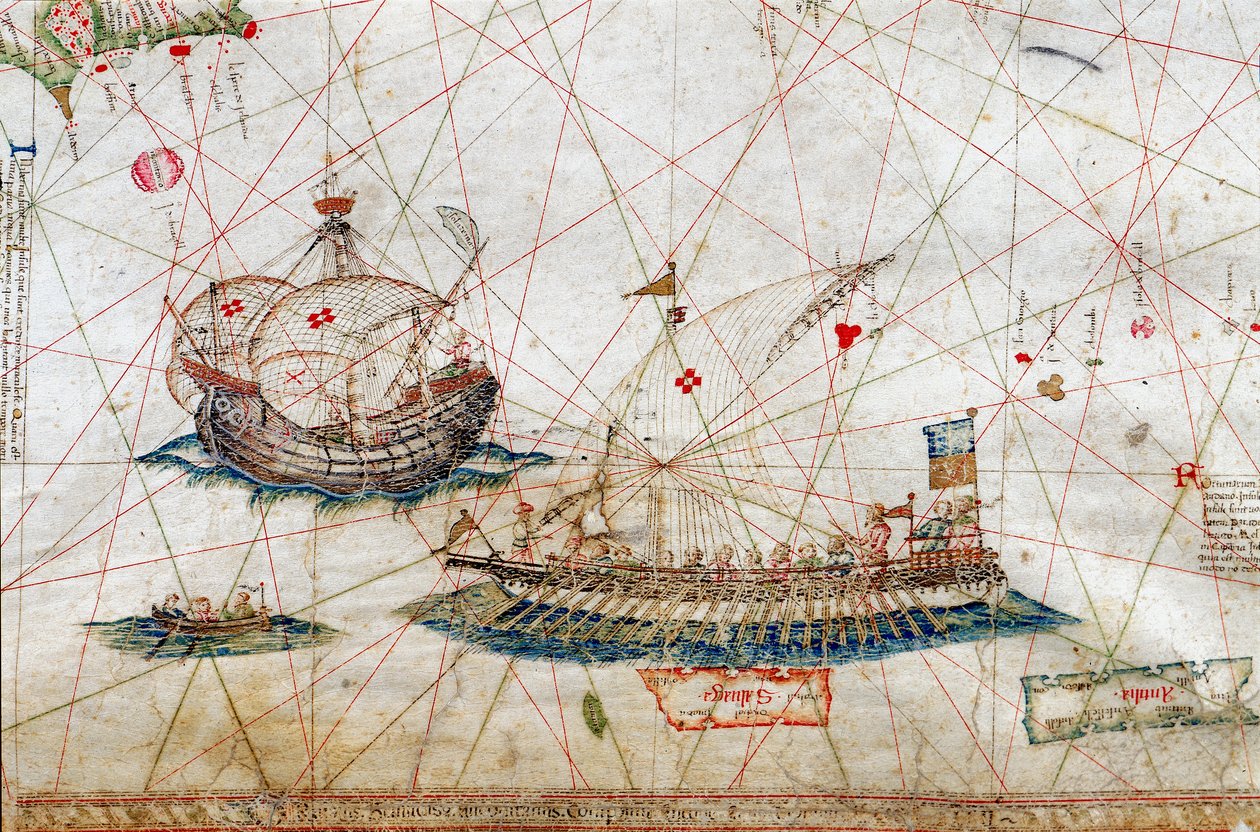 Detail vysokých stěžňových lodí z námořní mapy od Grazioso Benincasa (Rot.3), v univerzitní knihovně v Bologni. od Grazioso Benincasa