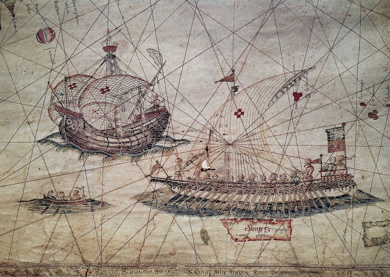 Galley a portugalská karavela, detail z námořní mapy Středozemního moře od Grazioso Benincasa