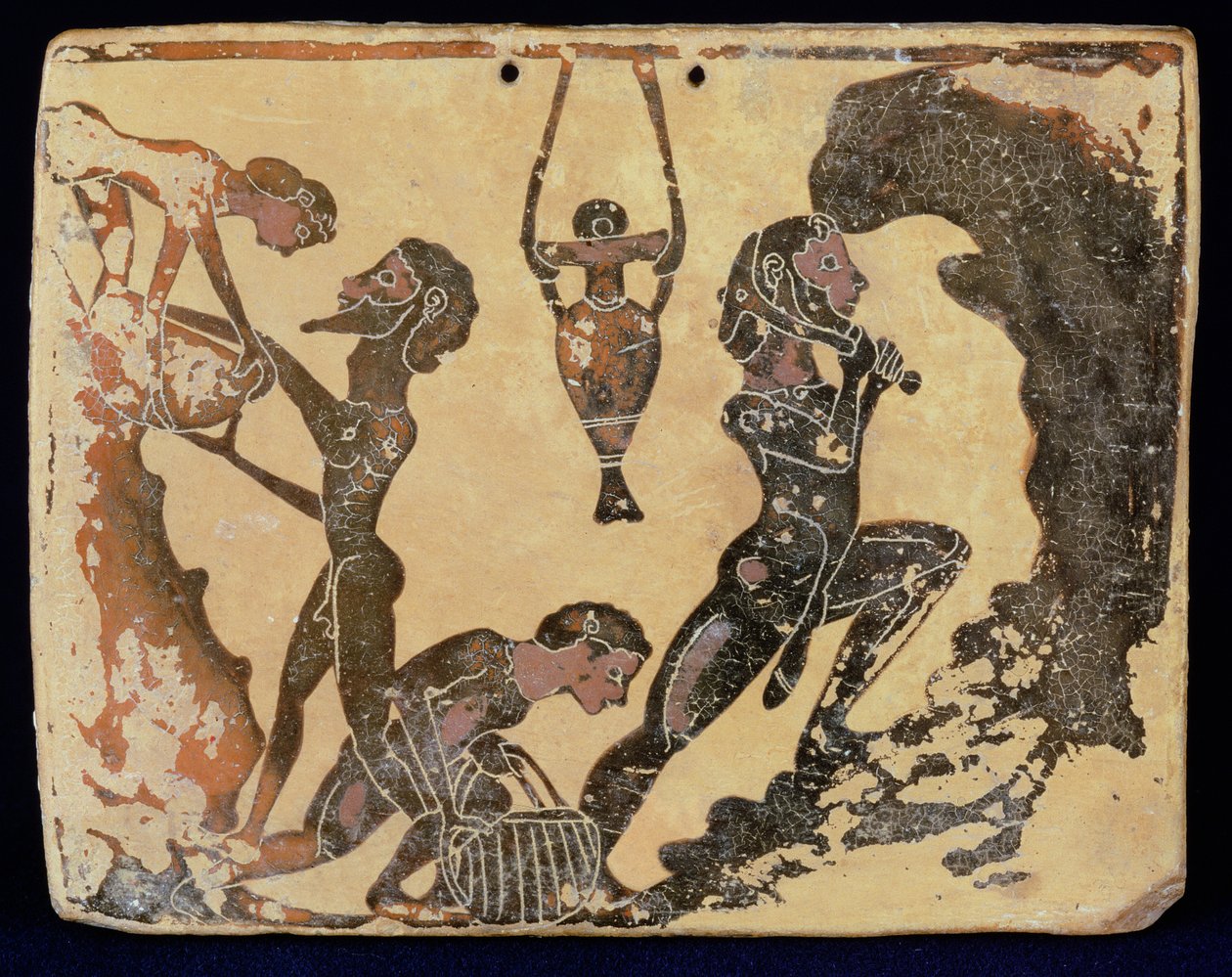Korintská plaketa s vyobrazením dělníků v hliněné jámě z Penteskofie u Korintu, 575-550 př. n. l. (hlína) od Greek