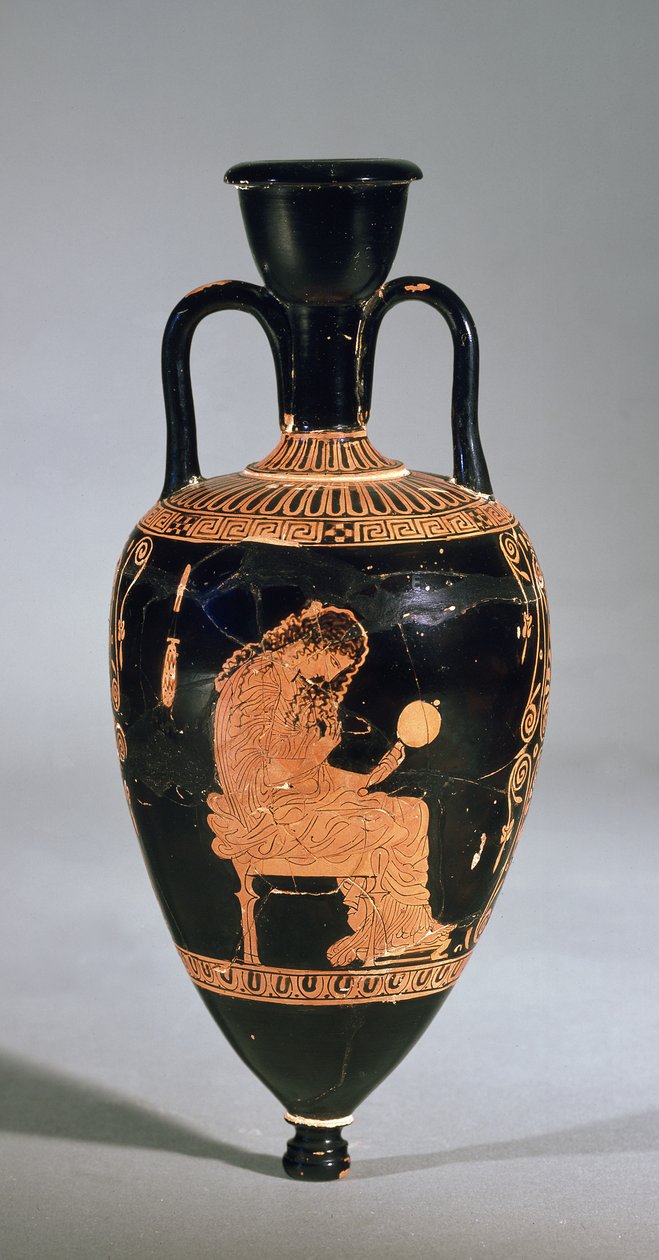 Amphoriskos zobrazující sedící ženu, která si upravuje vlasy, držící zrcadlo (keramické) od Greek