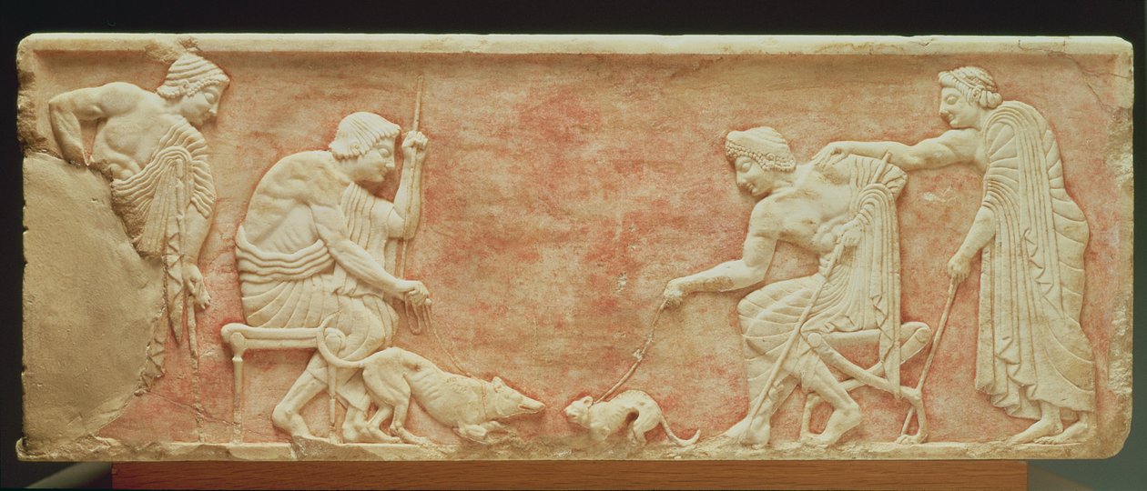 Návnada zvířat, reliéf ze sochy nalezené na hřbitově Dipylon v Aténách, kolem 510 př. n. l. (mramor) (viz také 60008-10) od Greek