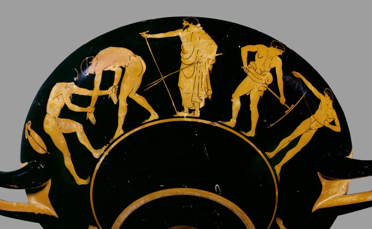 athénský pohár červené postavy; zobrazení trenéra se zápasníky a dalšími sportovci, 480 př.nl (keramika) od Greek