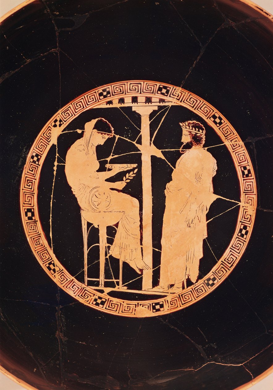 Athénský kylix s červenou postavou zobrazující Aegea, krále Athén, konzultuje delfskou věštírnu (keramika) od Greek