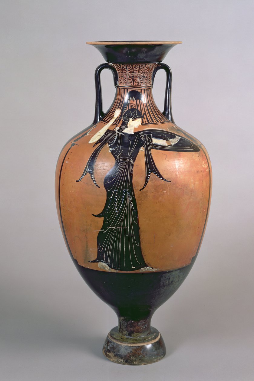 Atická amfora s černofigurovou panathénskou cenou, zobrazující Athénu Promachos, kolem 340–339 př. n. l. (keramika) (viz také 120116) od Greek