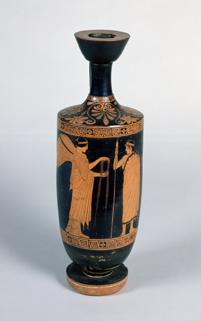 Podkrovní Lekythos, zobrazující nike (okřídlené vítězství) nabízející věnec mladíkovi, cca 480-470 př. n. l. (keramika) od Greek