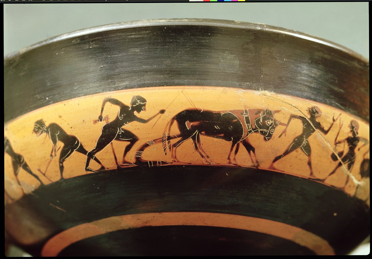 Půdní černofigurový pohár zobrazující dělníky na poli, z Athén, cca 530 př. n. l. (keramika) (detail) od Greek