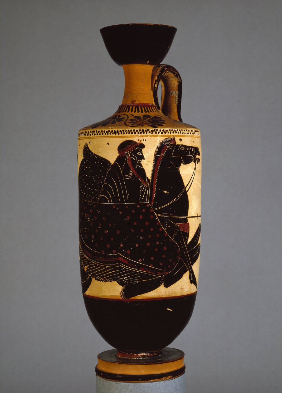 Atikový černofigurový lekythos zobrazující Poseidona, 6.-5. století př. n. l. (keramika) od Greek
