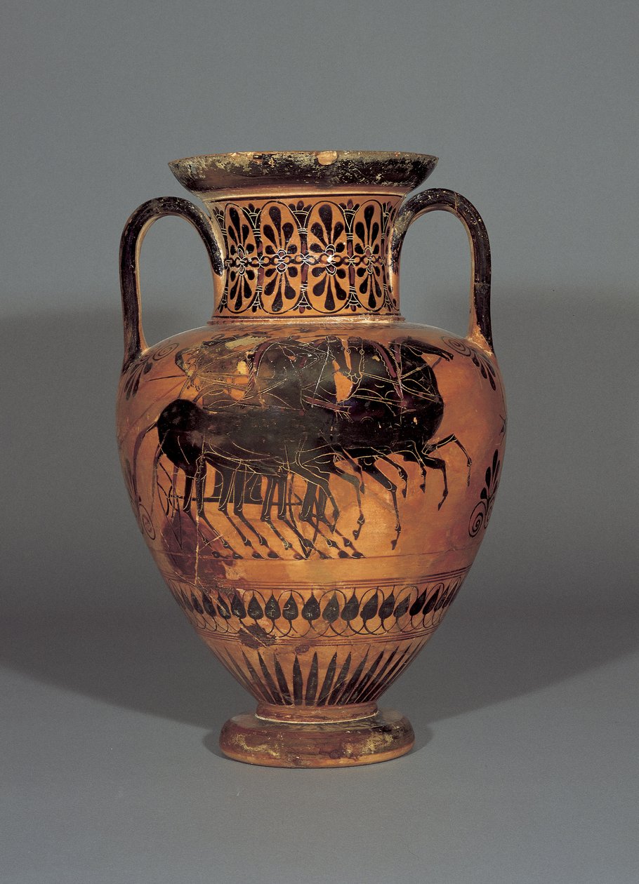 Podkrovní černofigurová amfora na krku zobrazující Athénu v kvadrigě, 530-530 př. n. l. (hlína) od Greek