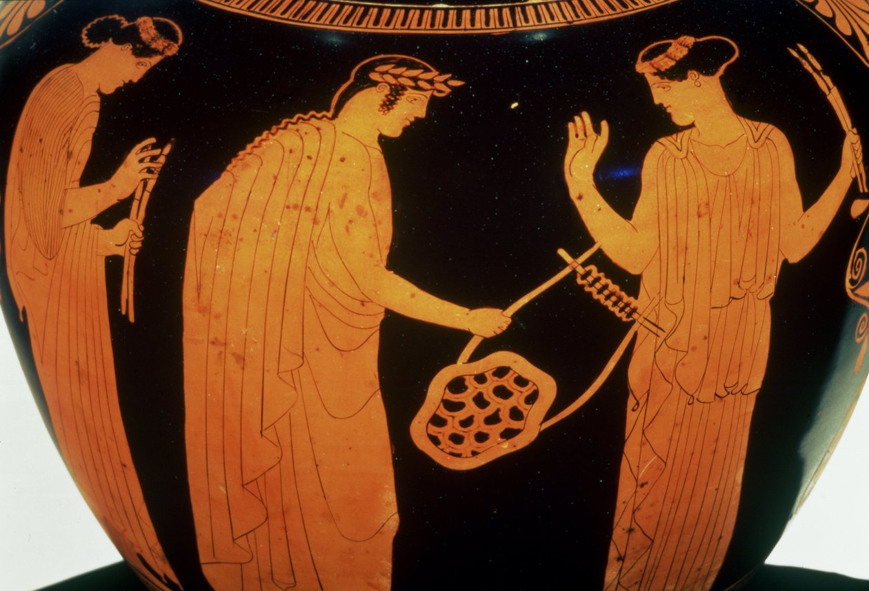 Attická červenofigurová hydrie zdobená příběhem Thamyrise, thráckého barda, asi 440-420 př. n. l. (keramika) od Greek