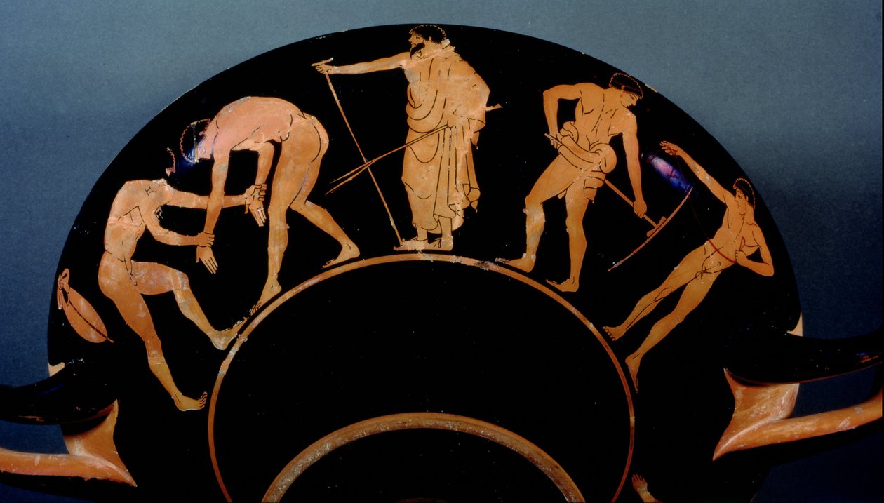 Podkrovní červenofigurový kylix zobrazující trénink sportovců (keramika) (viz také 103375) od Greek