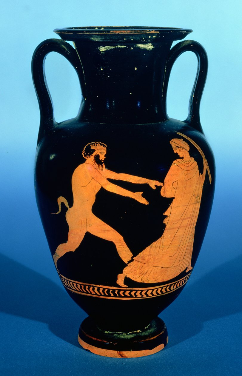 Podkrovní červenofigurová nolanská amfora, zdobená dámou pronásledovanou satyrem, cca 450-440 př. n. l. (keramika) od Greek