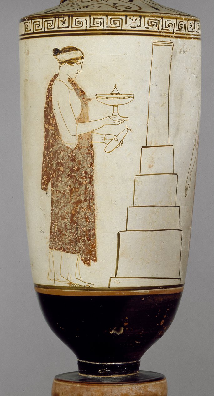 Podkrovní bíle vybroušený lekythos zobrazující ženu a mládí u hrobky (keramika) od Greek