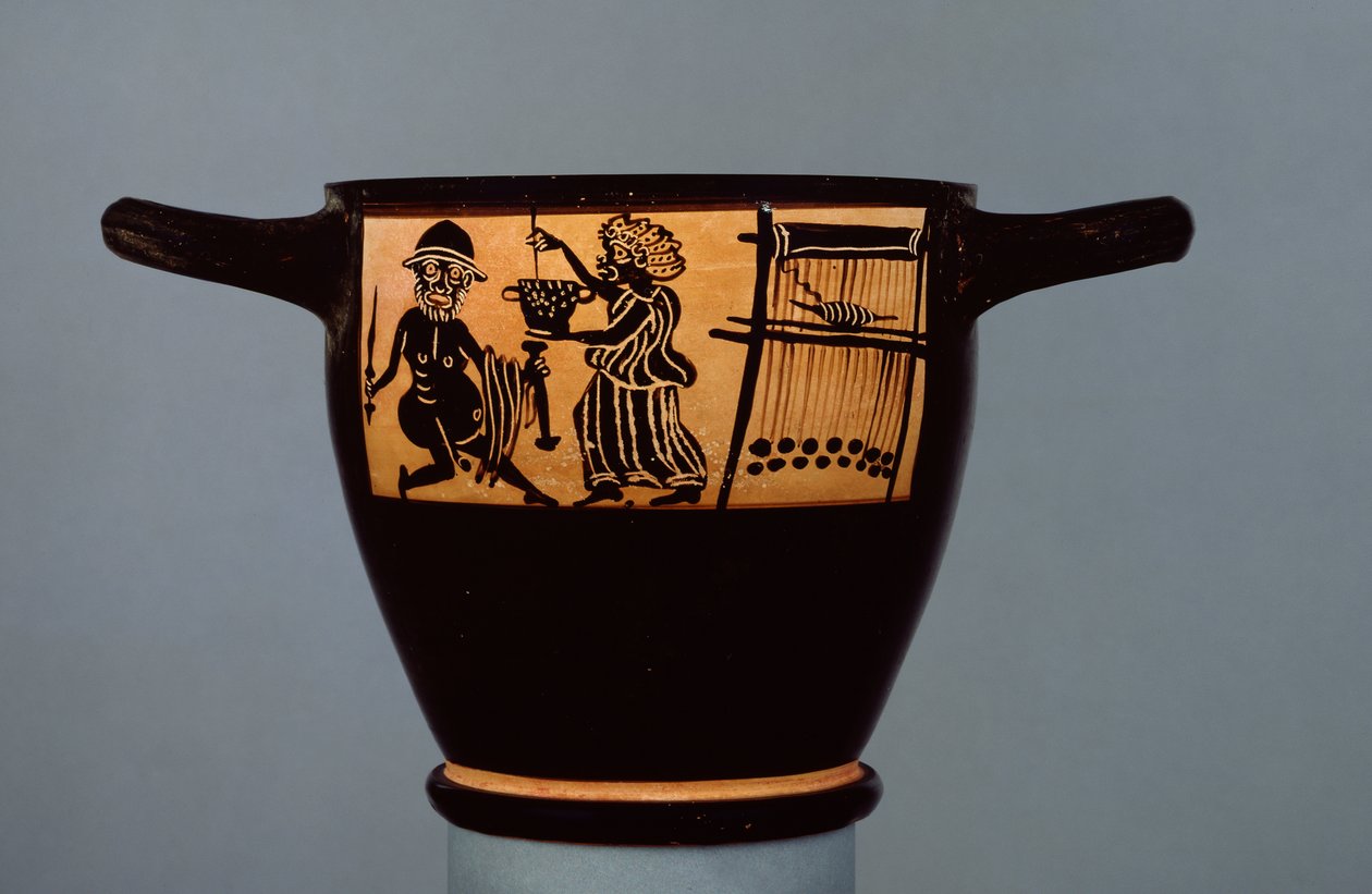 Boiotský černofigurový skyphos, zdobený scénou Odyssea, kterému Circe podává omamný lektvar, z dílny malíře Mystae, z Théb, Boiótie, konec 5. století př. n. l. (keramika) (r od Greek