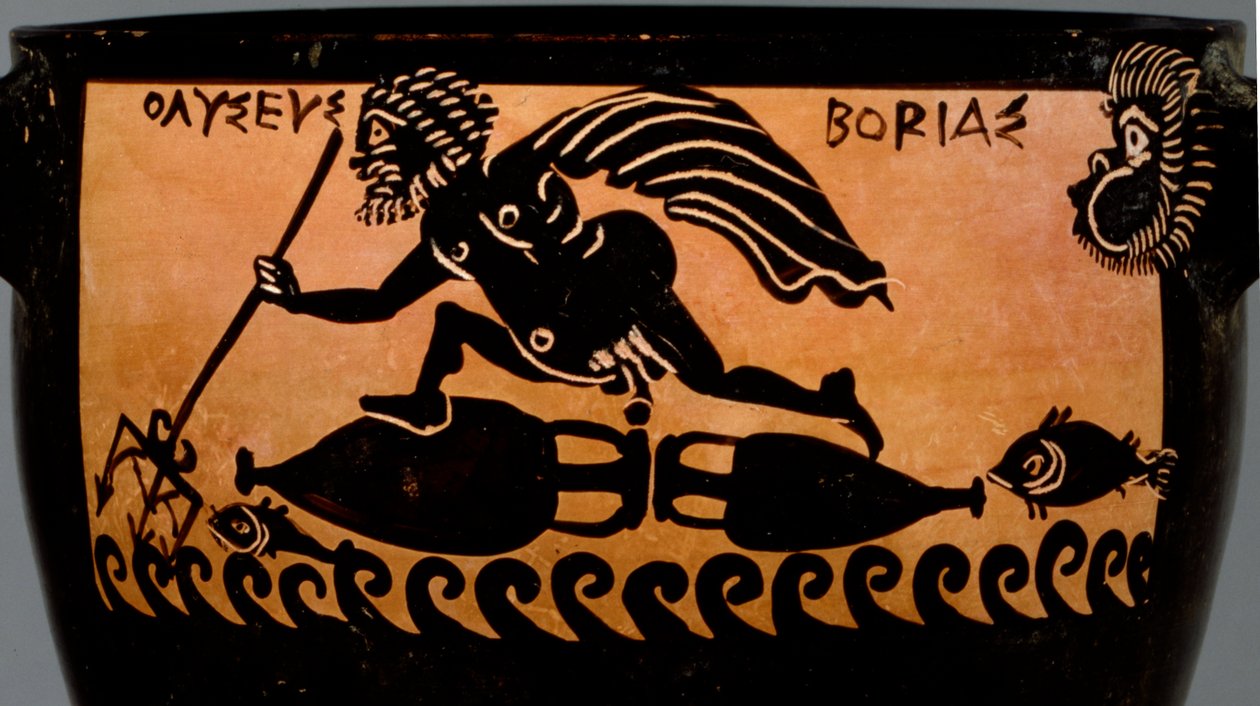 Boeotian black-postava skyfos, zdobené scéně Odysseus vyhození po moři Boreas z dílny Mystae malíř, Théby, Boiótie, pozdní 5. století před naším letopočtem (keramické) (detail od Greek